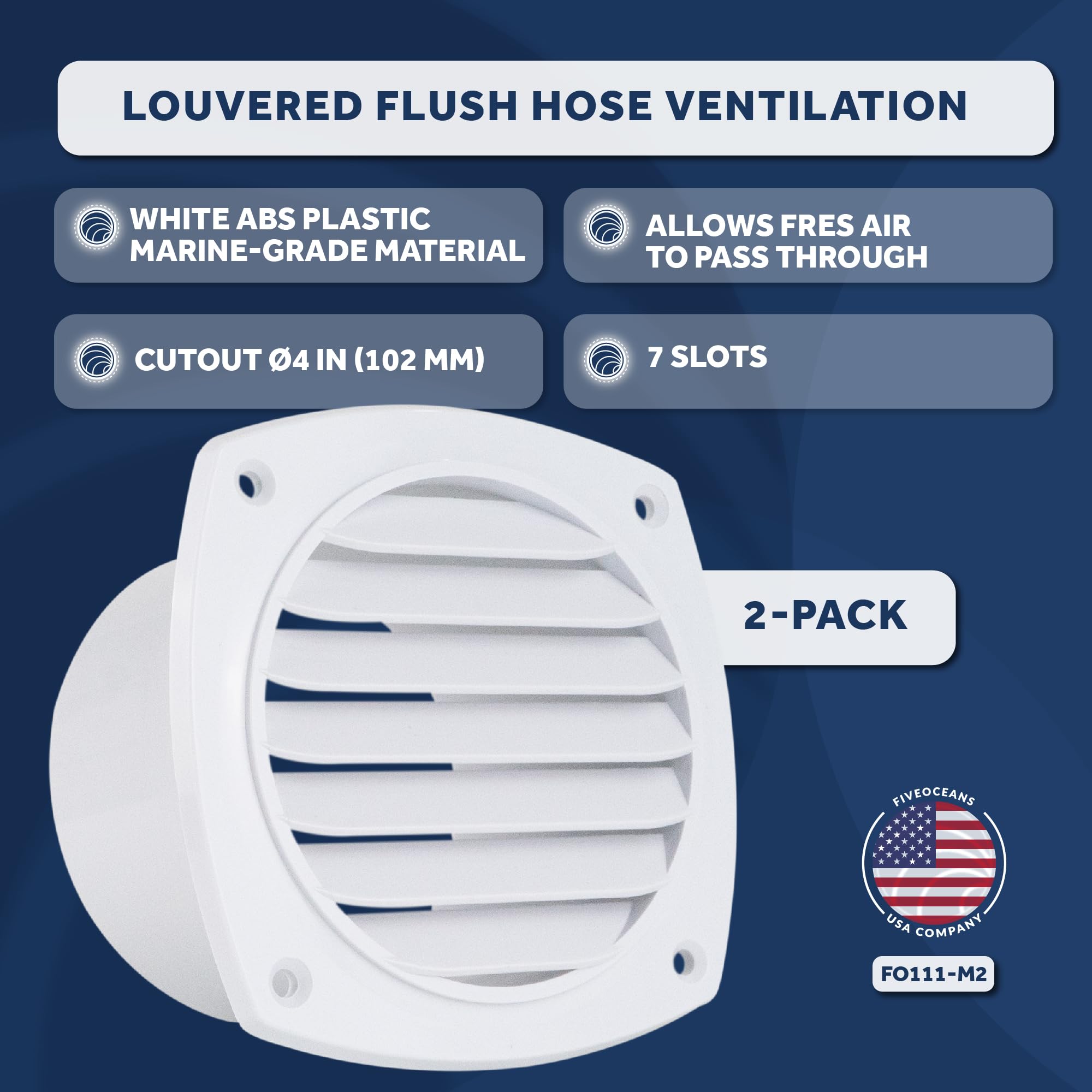 Five Oceans 7-Slotted Louvered Hose Vent, 4-Inch Hose Diameter, 2 Pack Air Hose Thru Vent, White Abs Plastic - Fo111-M2