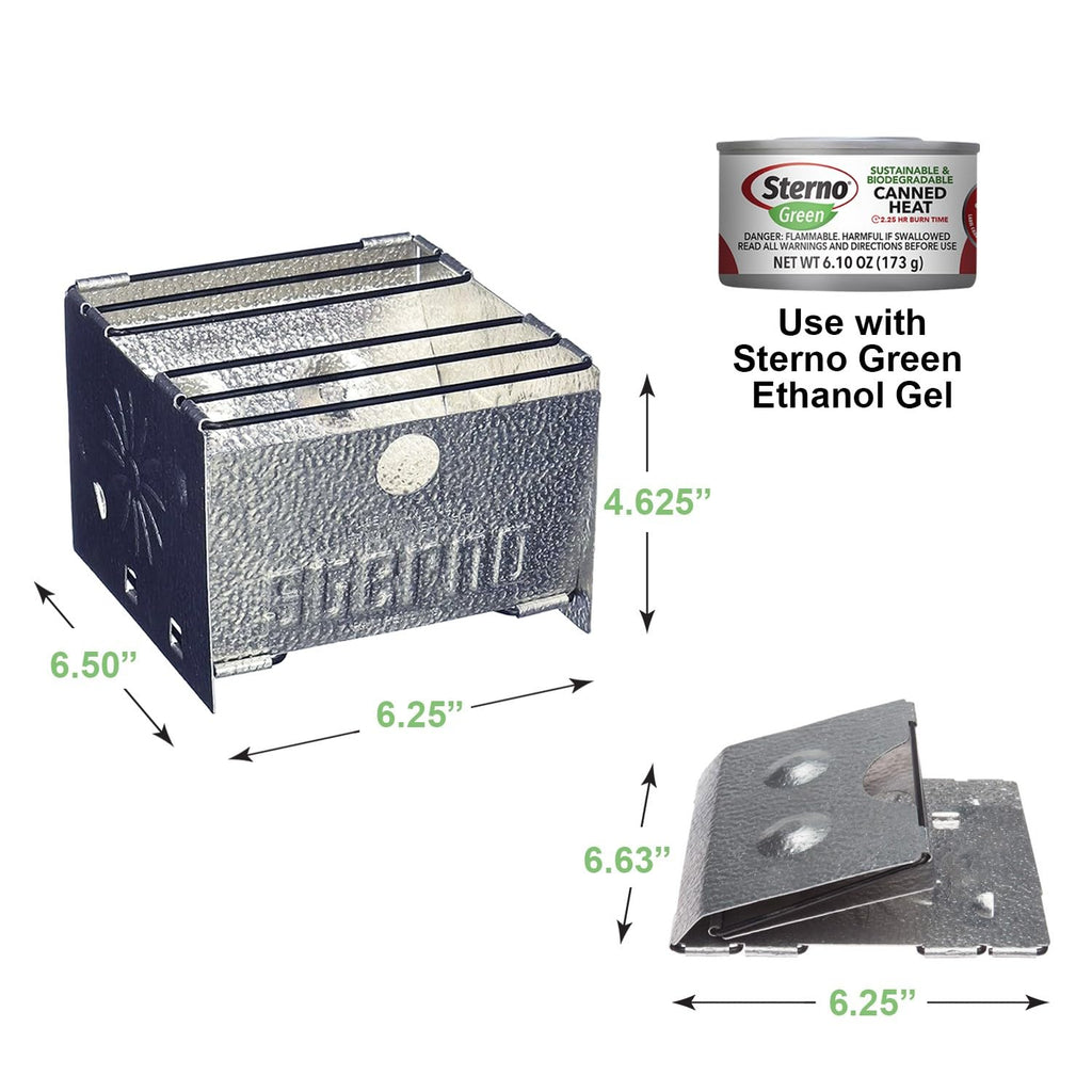 Sterno Folding Stove, Compact Emergency Food Prep, Silver, 6-1/4''L X 6-3/8''W X 4-5/8''H, Fuel Not Included, 1 Pack