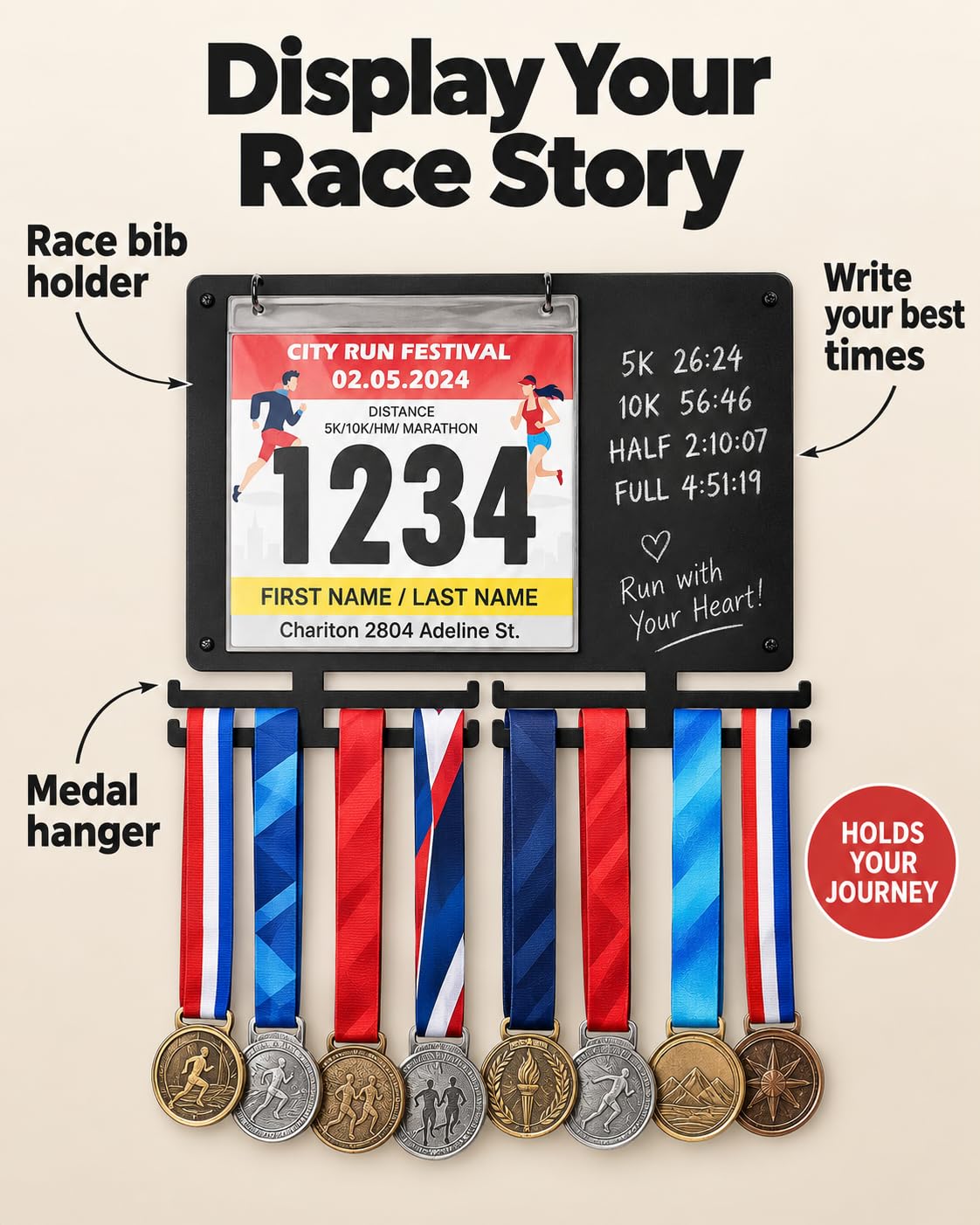 Running Medal Hanger & Bib Display Board with Chalkboard | BLAUBECK Wall Holder