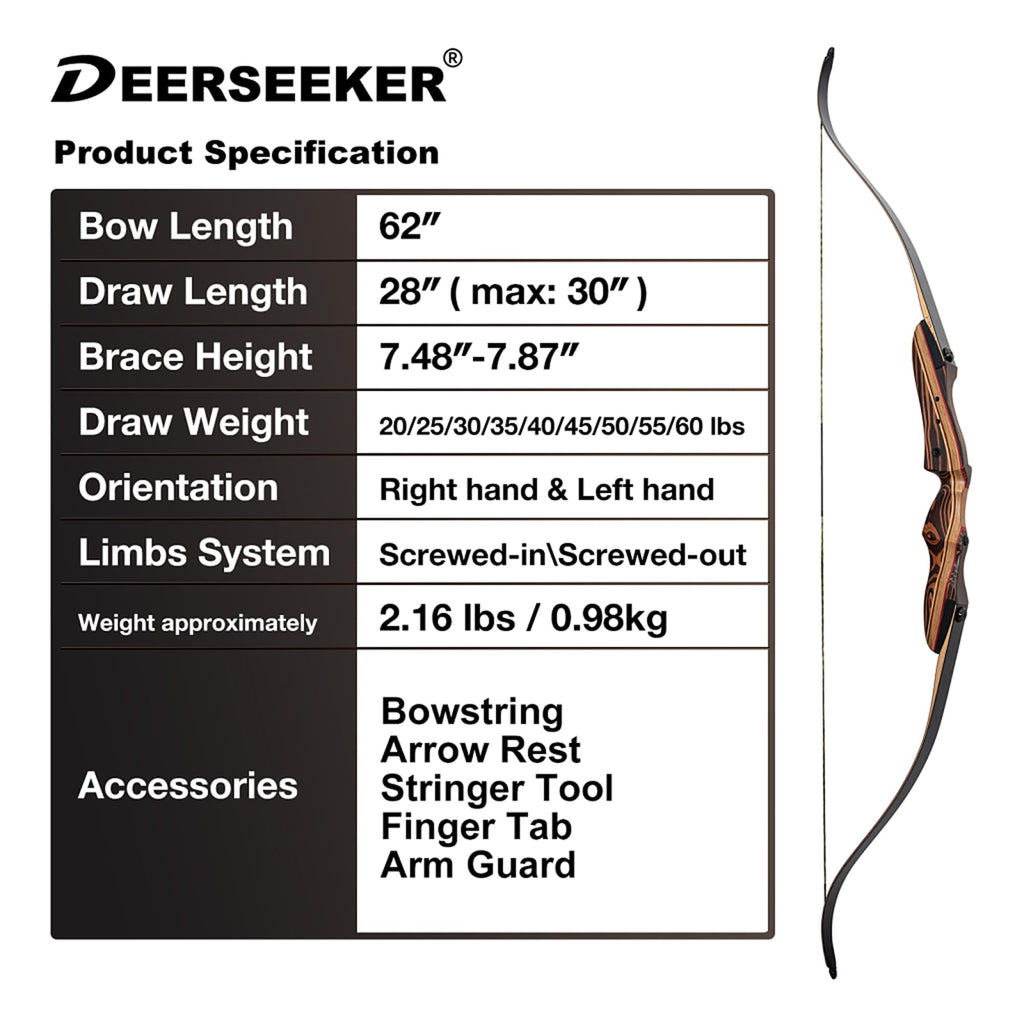 Deerseeker Archery 62 Takedown Recurve Bow Set With Right Hand & Left-Handed Riser Laminated Limbs 20-60 Lbs For Adults & Youth,