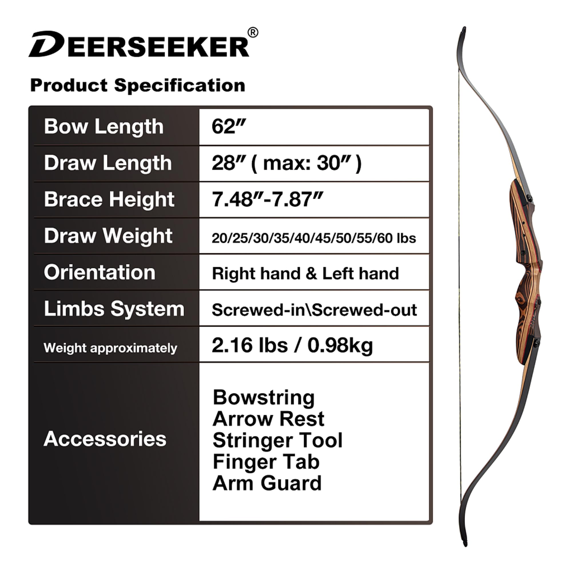 Deerseeker Archery 62 Takedown Recurve Bow Set With Right Hand & Left-Handed Riser Laminated Limbs 20-60 Lbs For Adults & Youth,