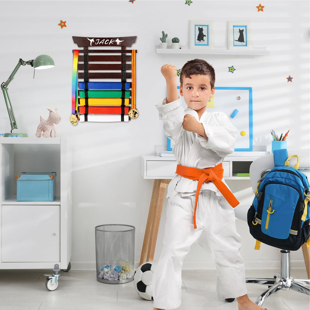 Winartton 8 Belts Karate Belt Display Rack With Stickers, Martial Arts Belt Display Holder, Taekwondo Belt Jiu Jitsu Belt Bjj Be