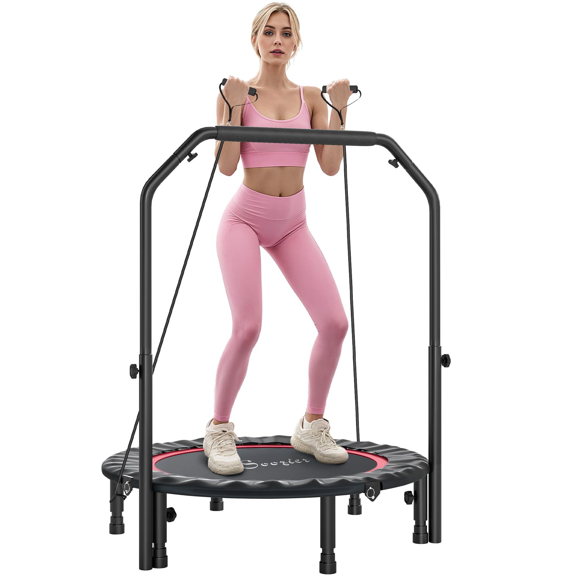 Soozier 40 Foldable Mini Trampoline, Rebounder Trampoline for Adults with Adjustable Foam Handle and Resistance Bands, Fitness R