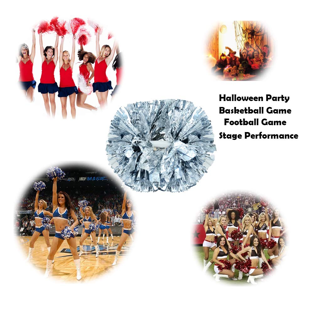 Hooshing 2Pcs Silver Pom Poms Cheerleading With Baton Handle For Team Spirit School Sports Dance Cheering