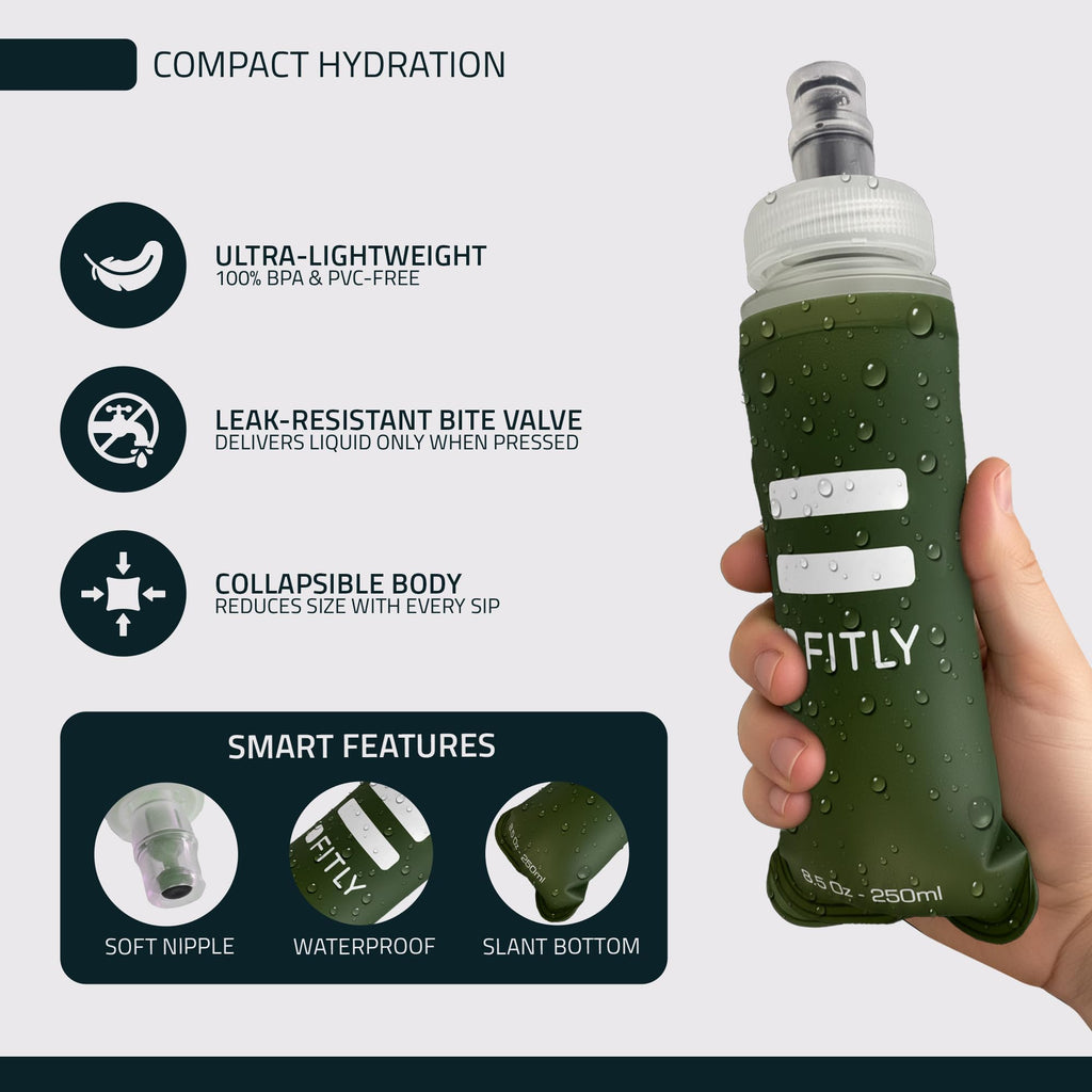 Soft Flask - 8.5 oz (250 ml) - Shrink As You Drink Pocket Soft Water Bottle for Hydration Pack/Running Vest - Folding Water Bott