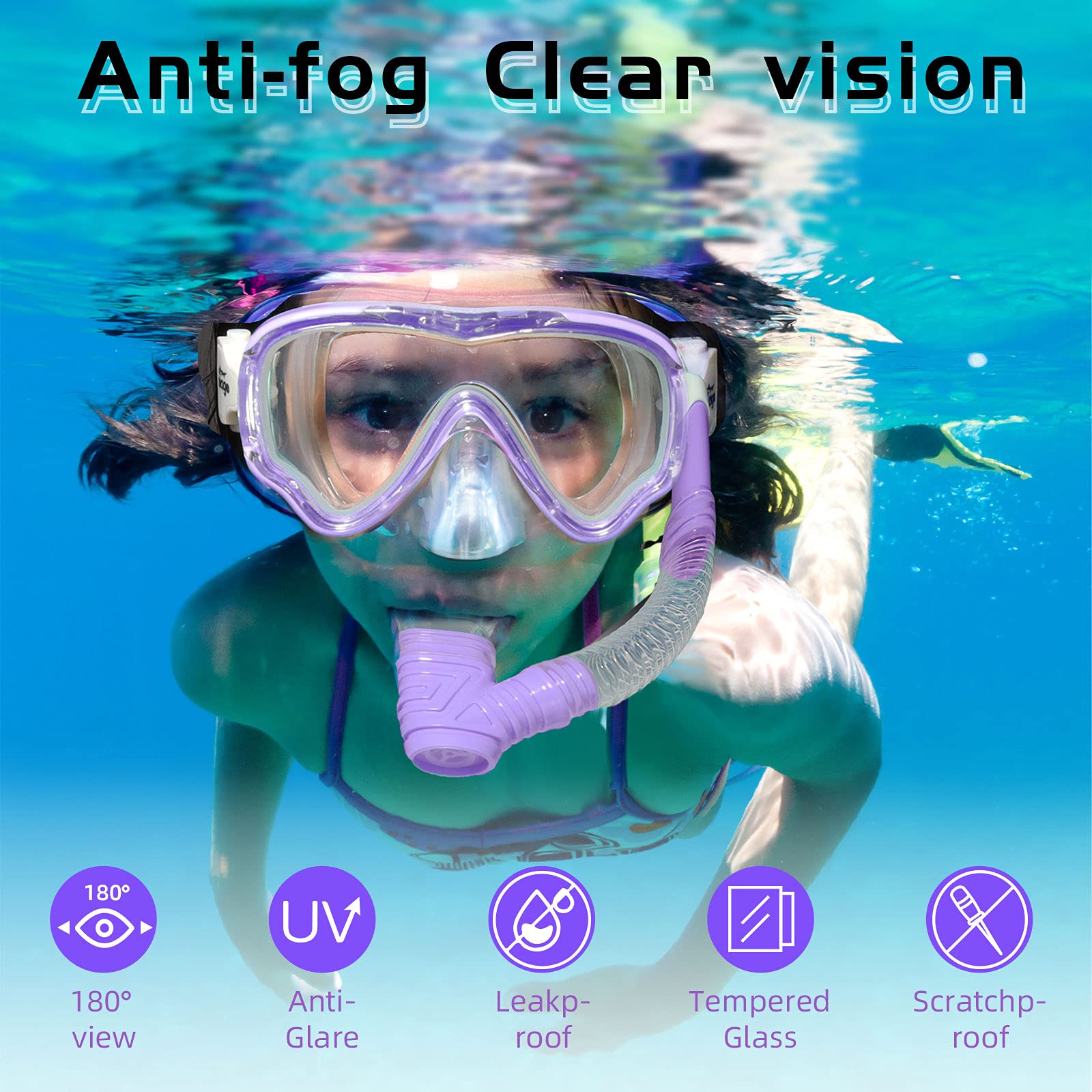 Seago Kids Snorkel Set Dry Top Snorkel Mask Snorkeling Gear For Kids Boys Girls Youth, No Leak Comfy Mouthpiece Anti-Fog 180? Pa