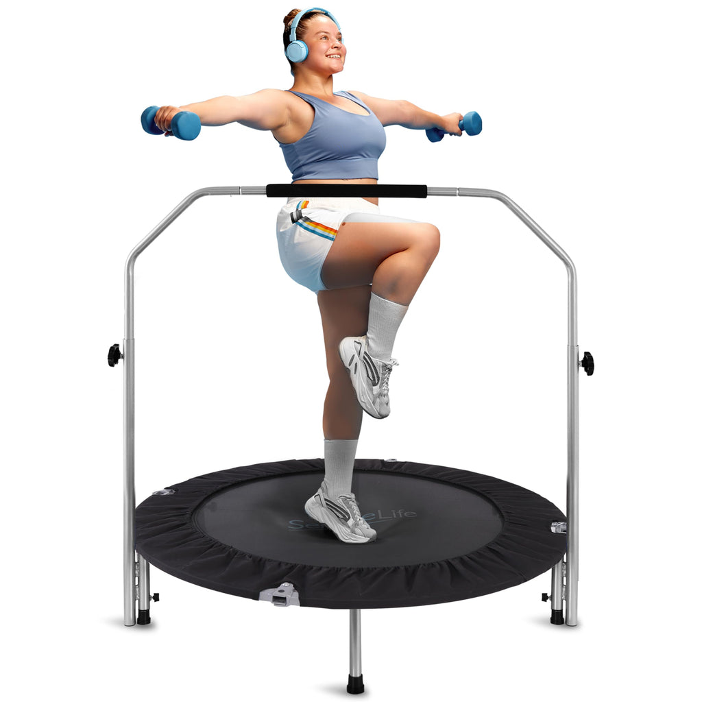 Serenelife 40 Foldable Mini Trampoline - Compact Fitness Trampoline For Kids Adults, Exercise Rebounder With Adjustable Foam Han