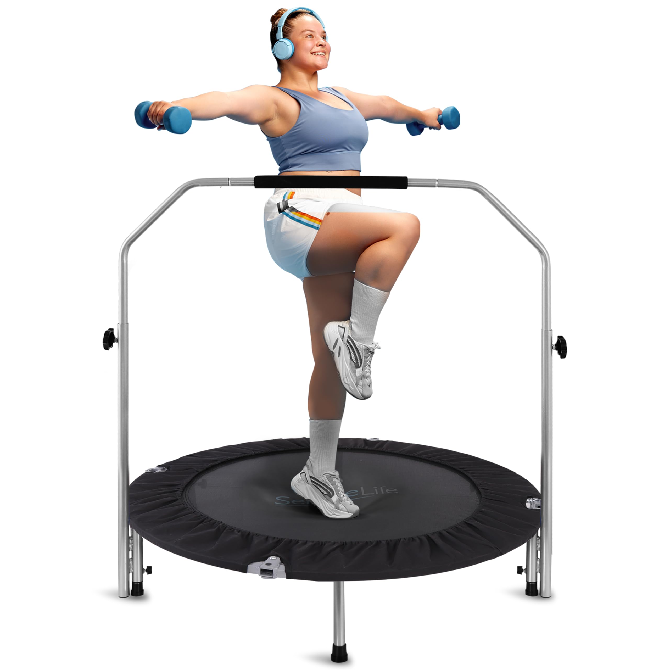 Serenelife 40 Foldable Mini Trampoline - Compact Fitness Trampoline For Kids Adults, Exercise Rebounder With Adjustable Foam Han