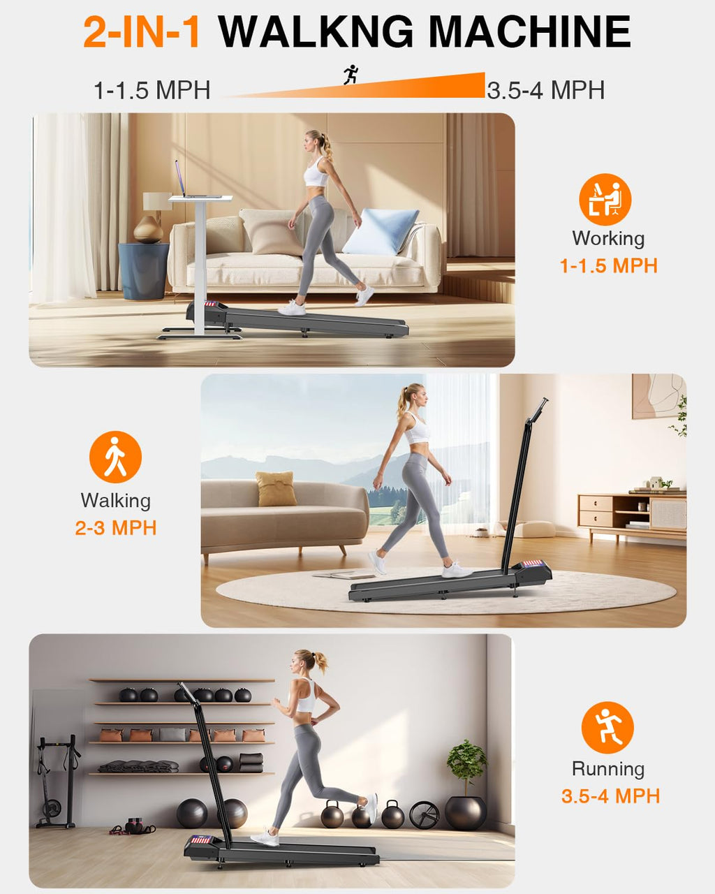 Rjop Walking Pad Treadmill Small With 8% Adjustable Incline And Removable Handle Bar, Compact Under Desk Treadmills For Home Sma