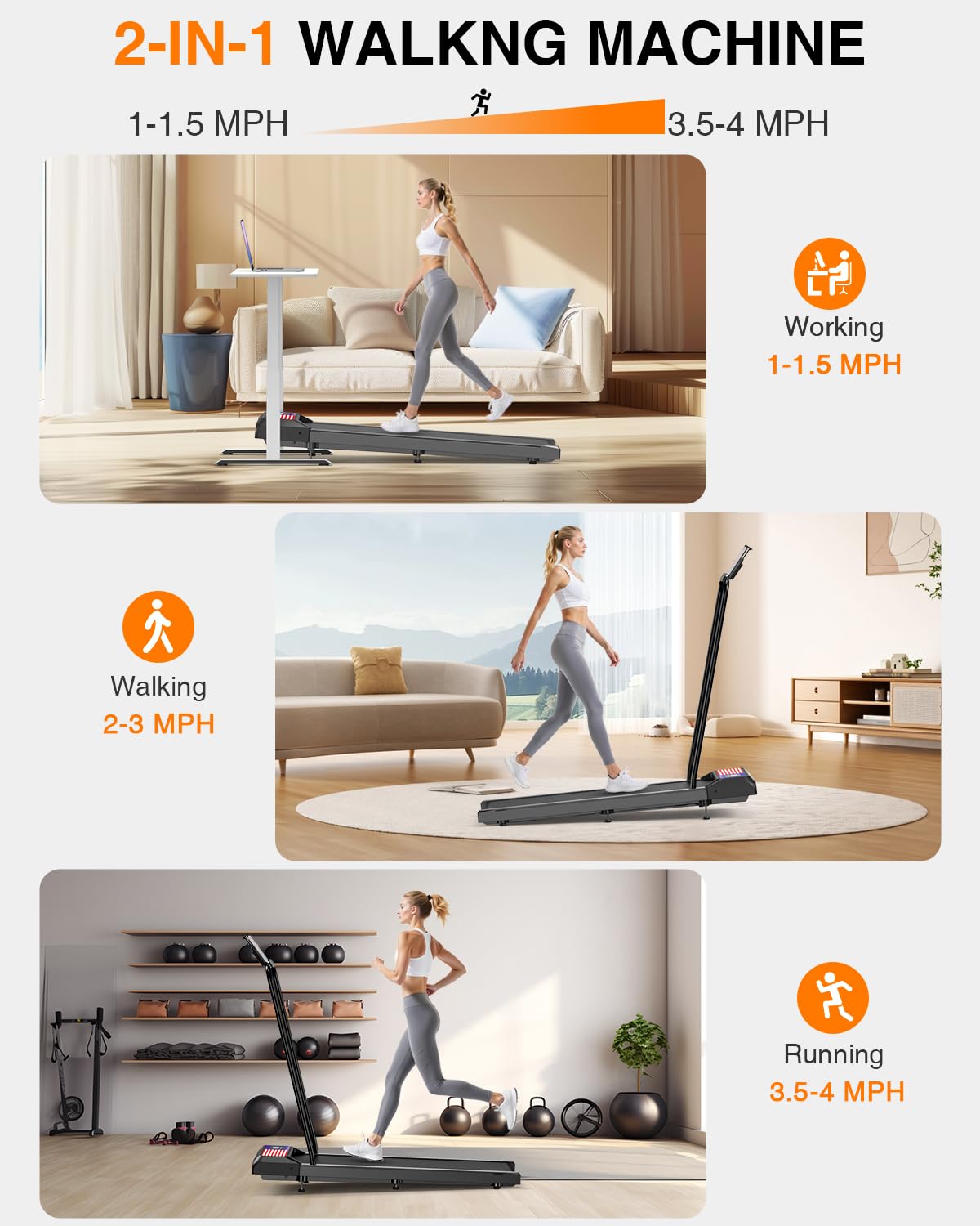 Rjop Walking Pad Treadmill Small With 8% Adjustable Incline And Removable Handle Bar, Compact Under Desk Treadmills For Home Sma