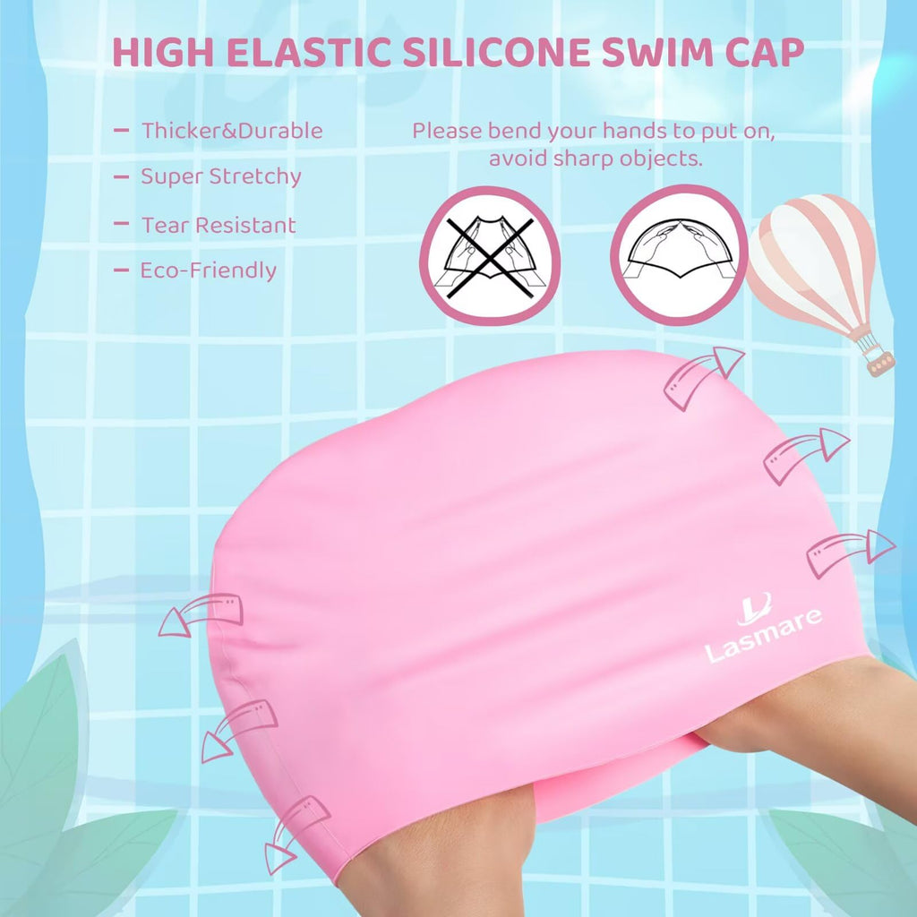 Kids Long Hair Swim Cap For Girls Boys, 3 Size Silicone Swimming Cap For Age 1-15 Toddler Children Teens, Waterproof Swim Hats B