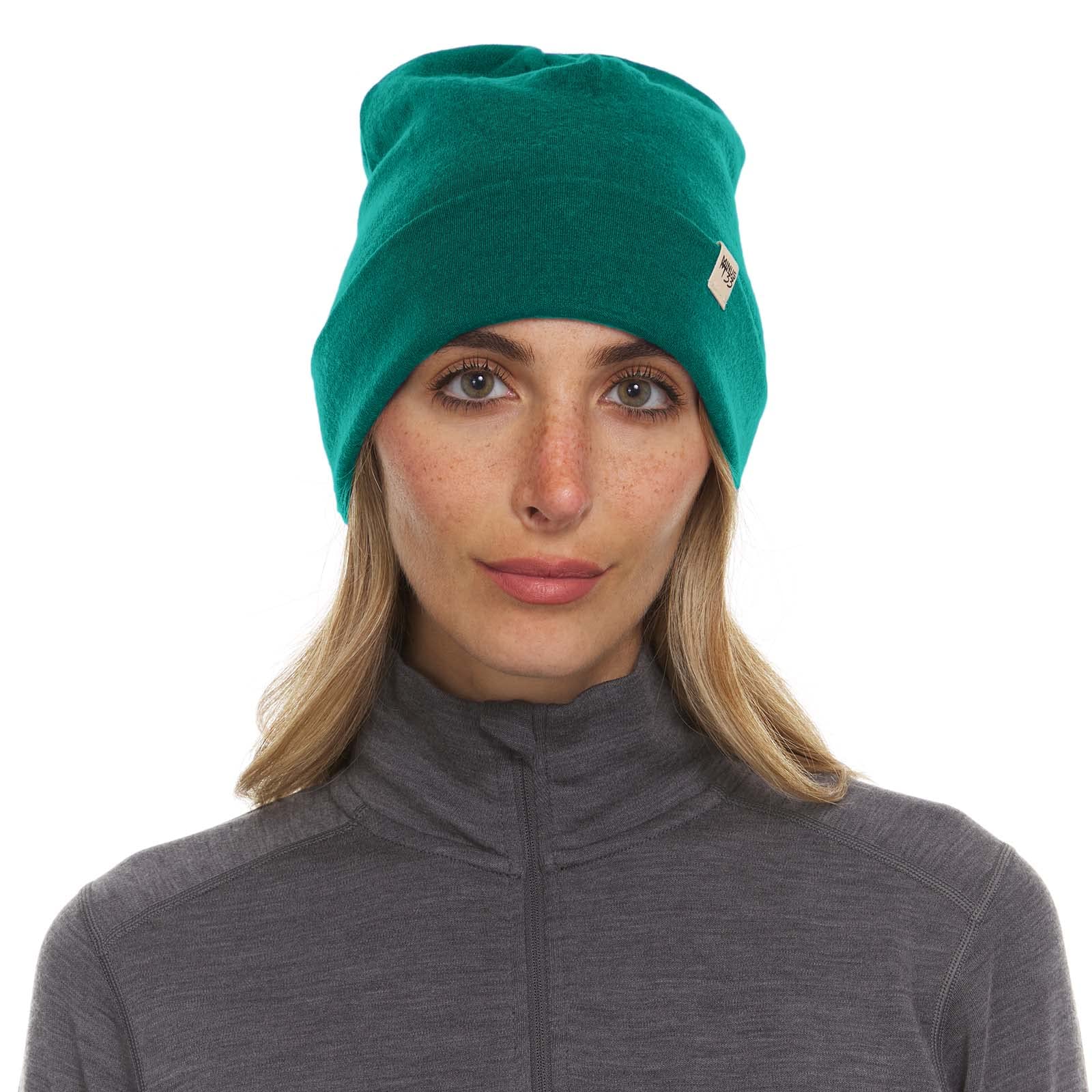 100% Merino Wool Ridge Cuff Beanie - Unisex Warm Winter Hat - Emerald Green
