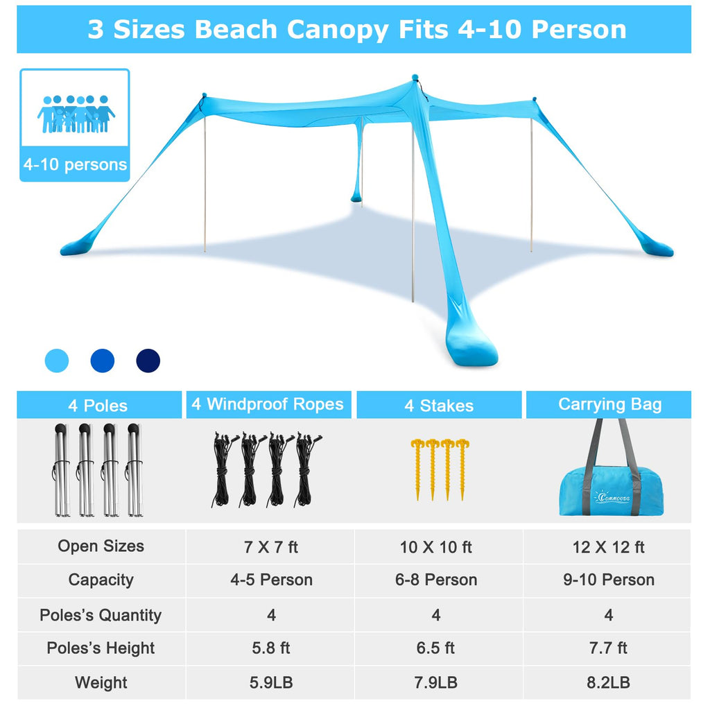 Commouds Beach Tent Canopy With 4 Aluminum Poles, Upf58+ Pop Up Beach Sun Shade, Portable Beach Sun Shelter, Easy Set Up For Bea