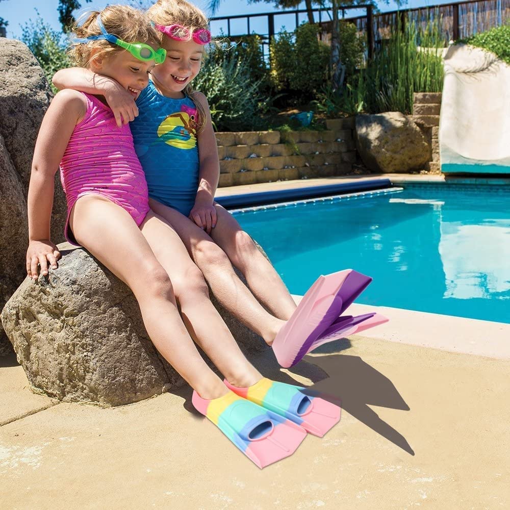 Foyinbet Kids Swim Fins,Short Youth Fins Swimming Flippers For Lap Swimming And Training For Children,Girls,Boys (Macaron, Mediu