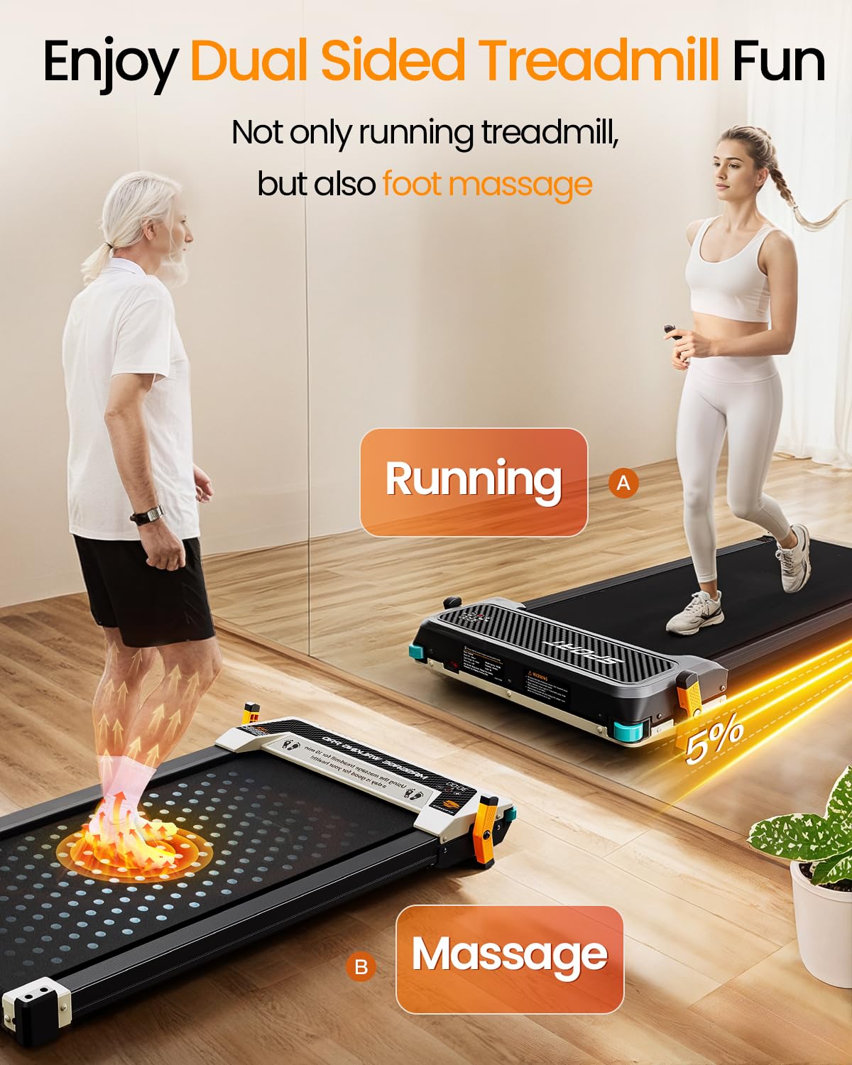 Akluer Walking Pad With Incline - Dual-Sided 2 In 1 Under Desk Treadmill With Shiatsu Foot Massager, 330Lbs Walking Pad Treadmil