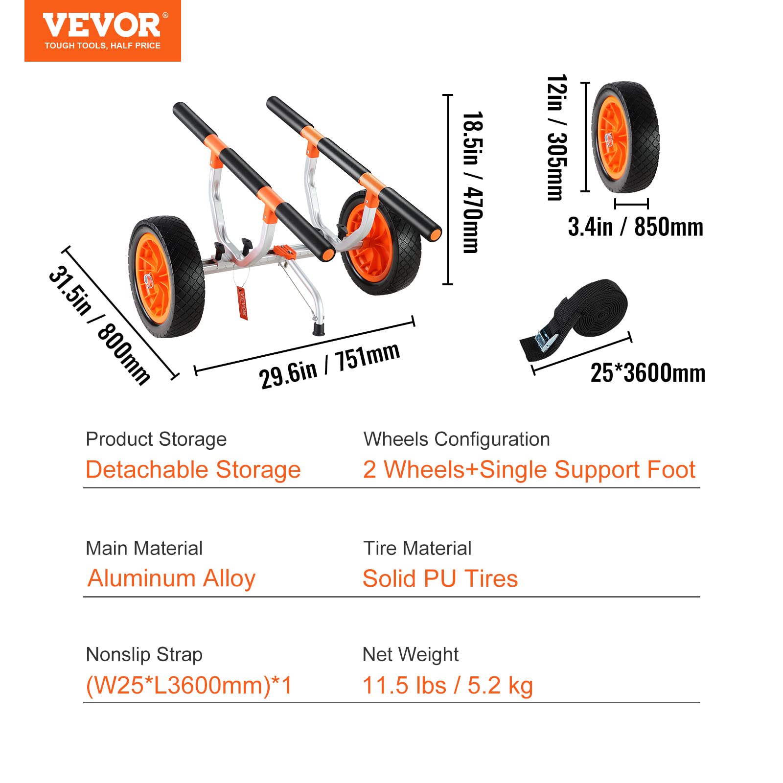 Vevor Heavy Duty Kayak Cart, Foldable Canoe Trolley Cart With 12'' Tires, Adjustable Width 6.69''-17.32'',350 Lb Weight Capacity