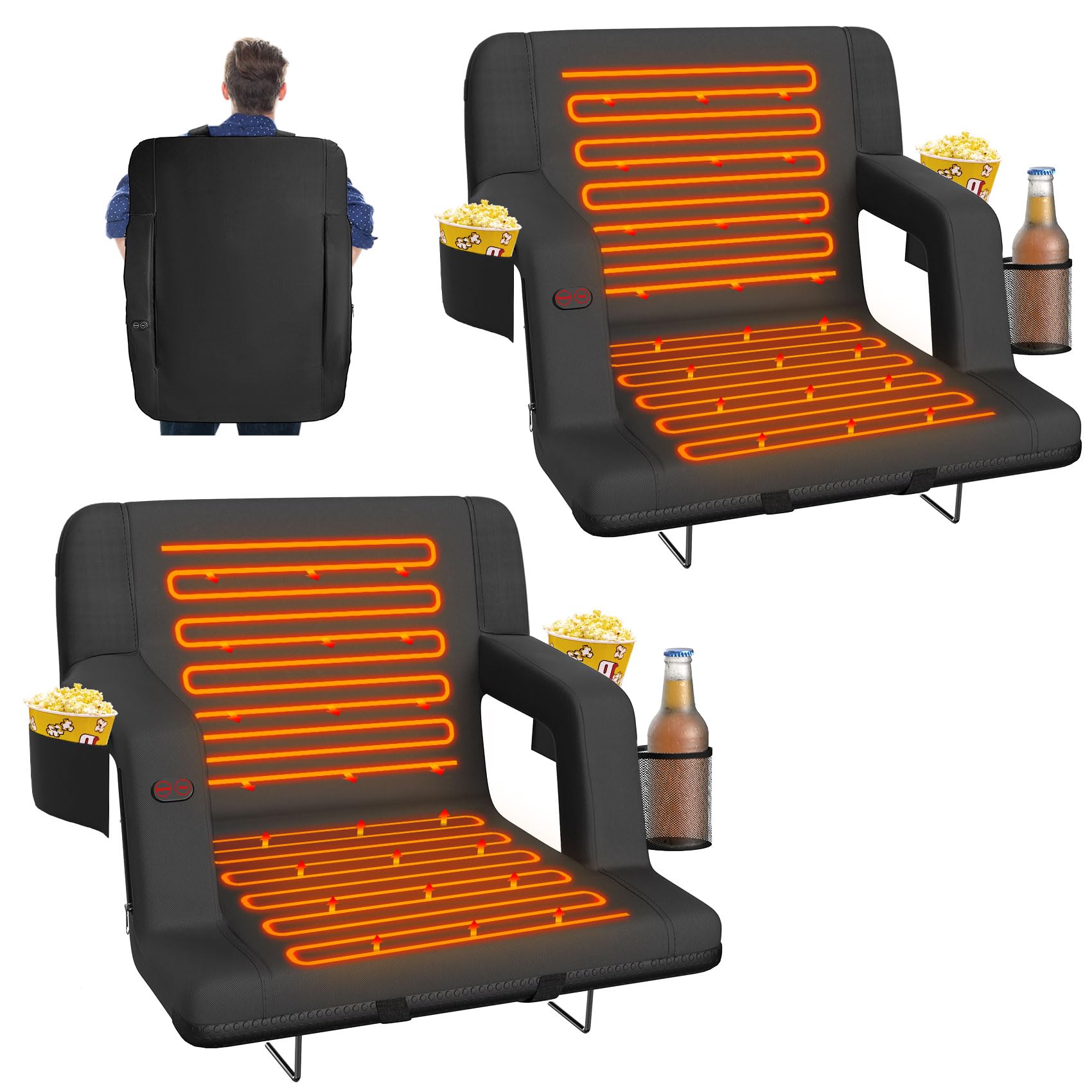 Suteck 2 pcs Dual-Sided Heated Stadium Seats for Bleachers with Back Support, 23 Portable Heated Bleacher Seat with Backrest, 3 
