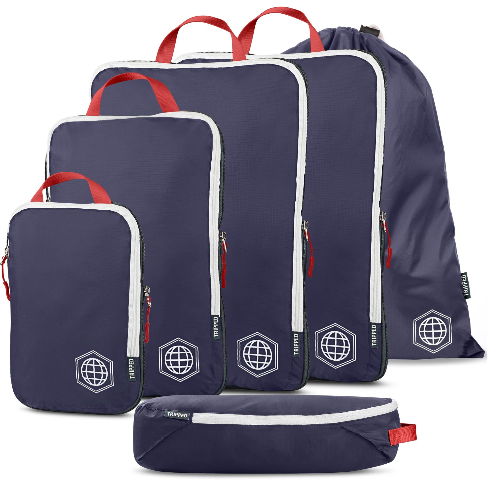 Tripped Travel Gear Extra Large Compression Packing Cubes 6Piece Set, Navy, Variety Pack, Compression Packing Cube