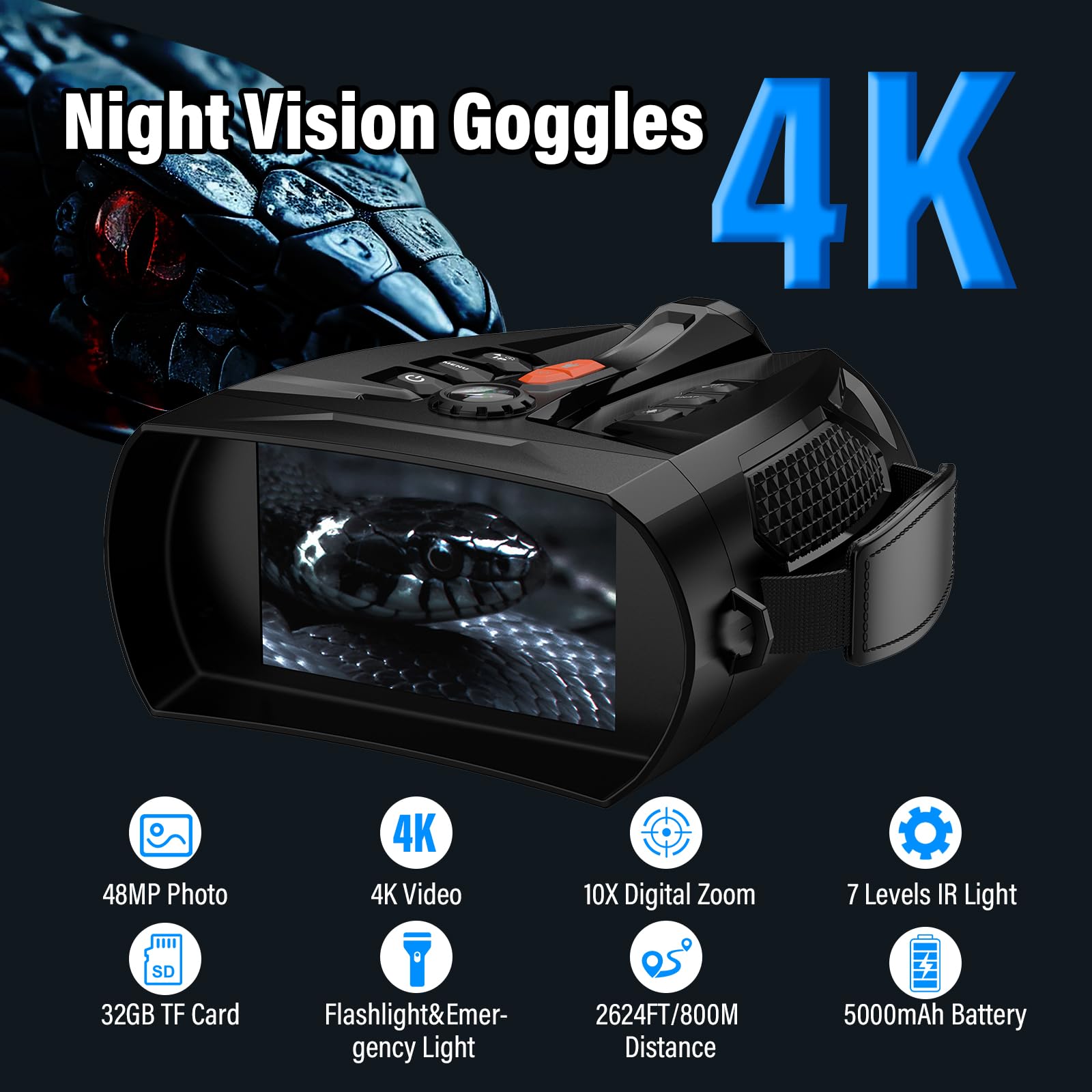 Night Vision Goggles, Derosko 4K Night Vision Binoculars with 4 HD Screen, 10X Digital Zoom Infrared Binoculars with 5000mAh Bat