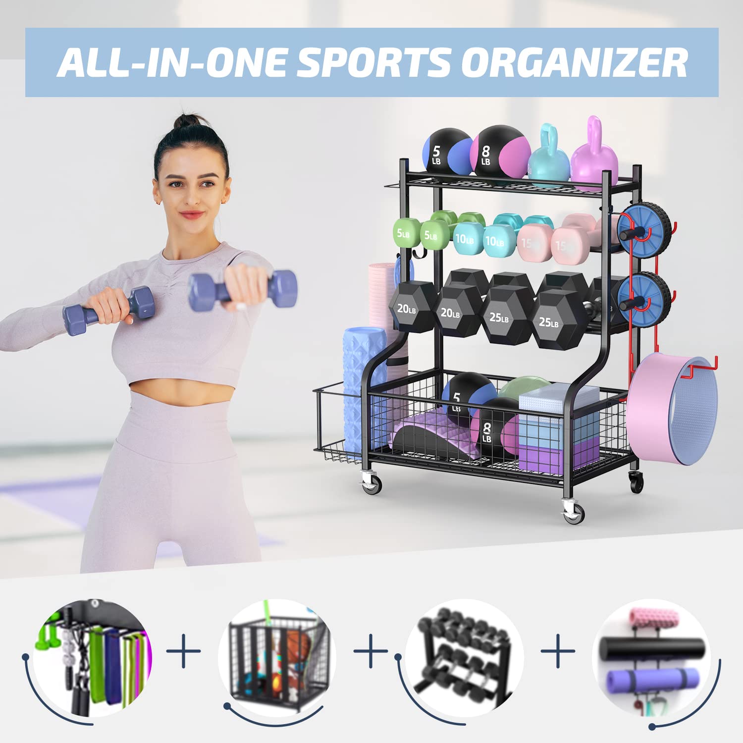 Plkow Dumbbell Weight Rack, Home Gym Storage For Kettlebells Yoga Mat And Balls, All In One Workout Storage With Wheels And Hook