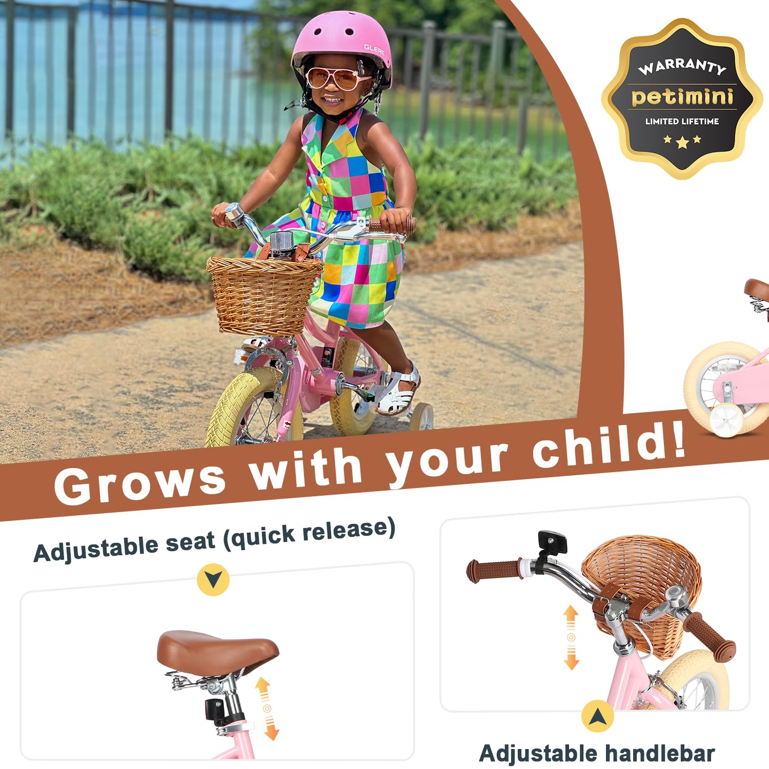 Petimini 18 Inch Little Kids Bike for Age 5 6 7 8 Years Old Girls Retro Vintage Style Bicycles with Basket Training Wheels and B