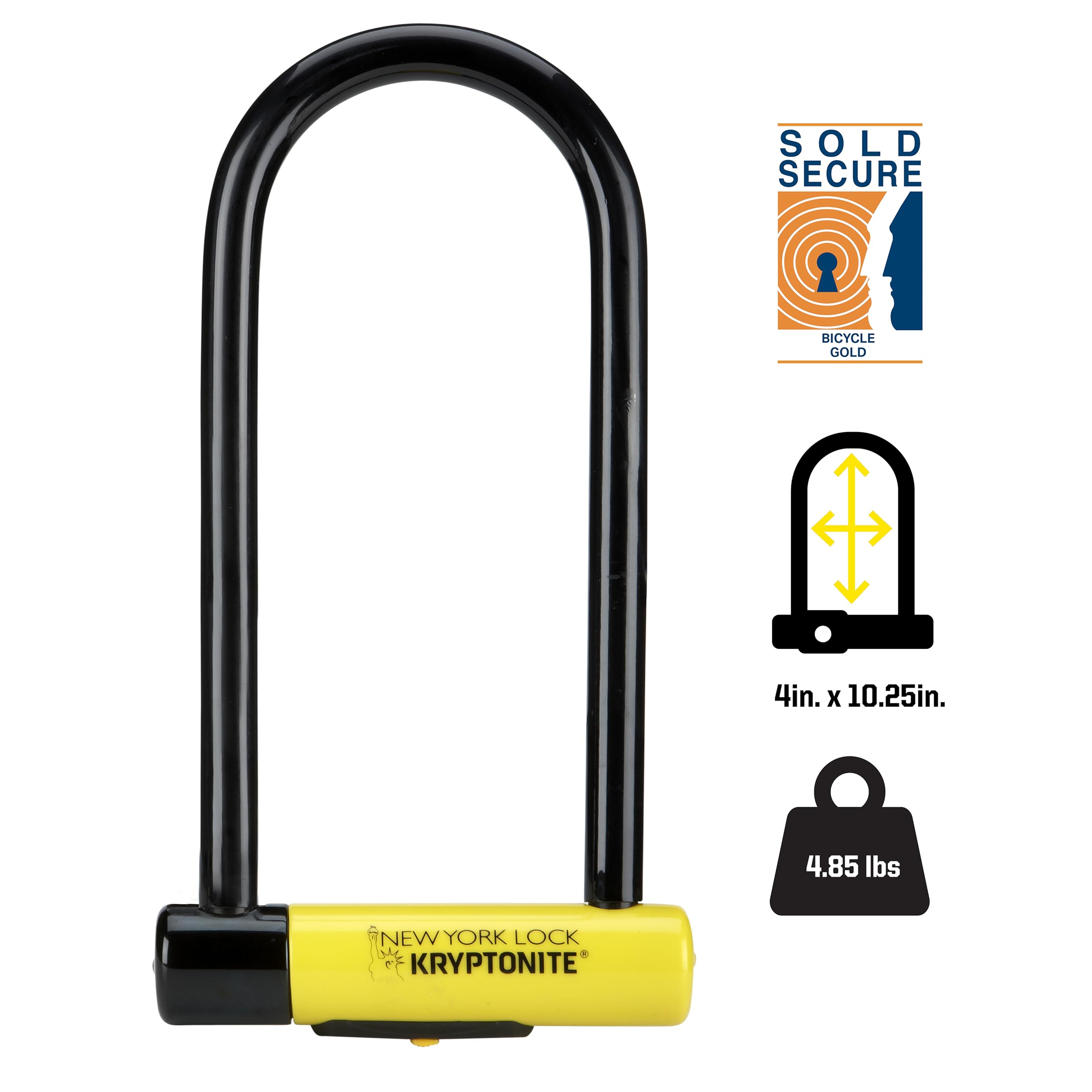 Kryptonite New York Long Shackle Bike U-Lock, Heavy Duty Anti-Theft Security Bicycle Lock Sold Secure Gold, 16Mm Long Shackle Wi