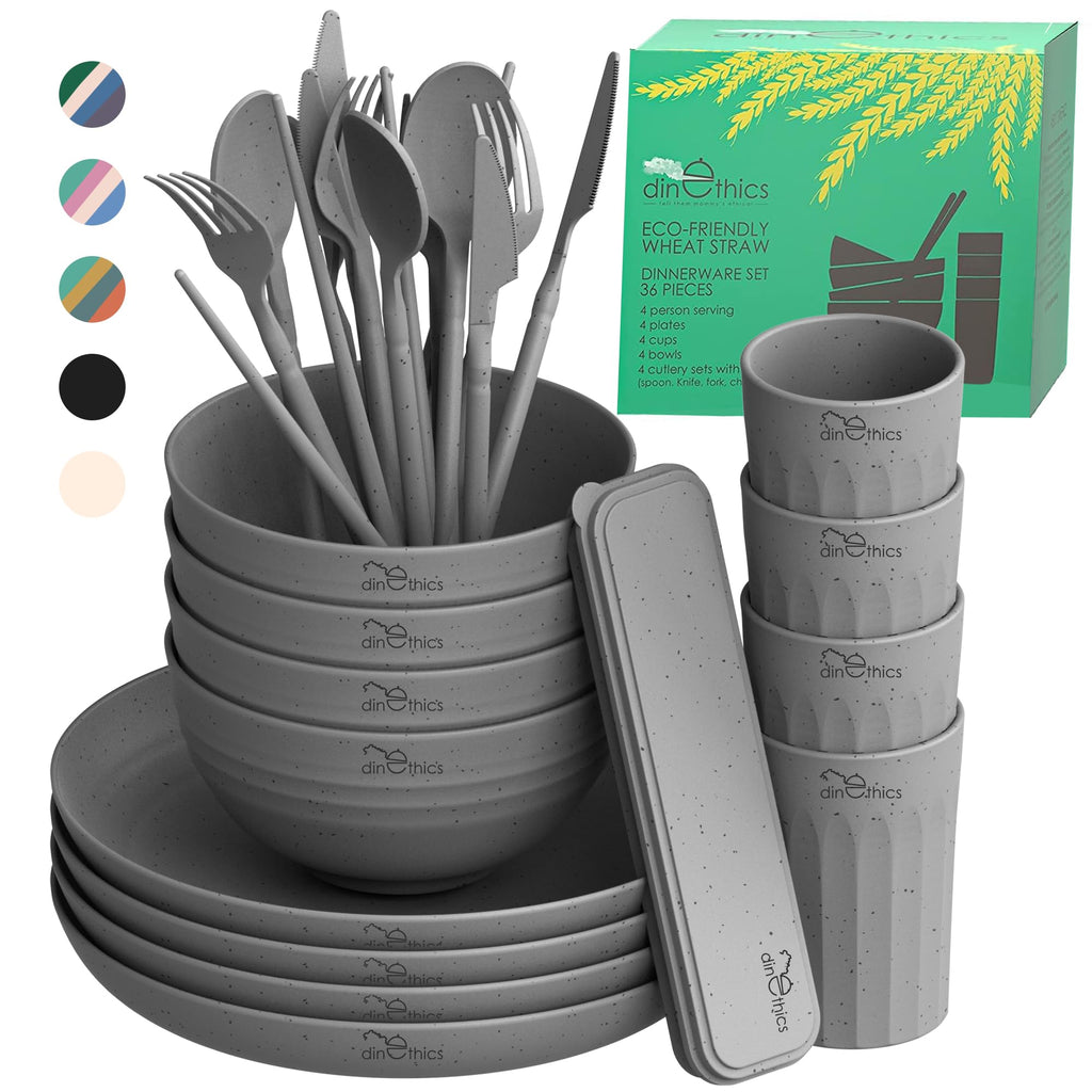 Dinethics Wheatstraw Dinnerware Set For 4 - Dishwasher Microwave Plates For Heating Food - Unbreakable Wheat Straw Plates And Bo