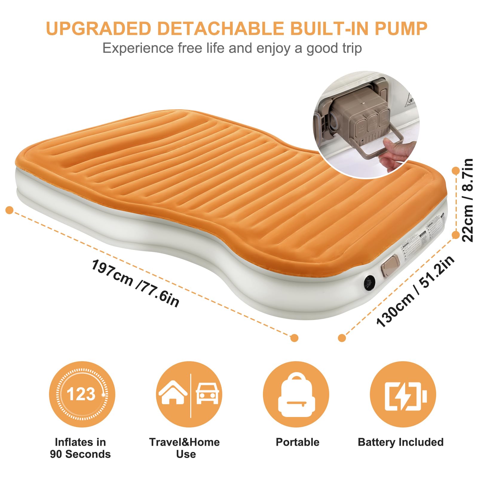 Kmz Suv Air Mattress With Built-In Pump & 2 Pillows, Thickened Flocked Pvc, Quick 90-Seconds Inflation Air Bed, Portable & Durab