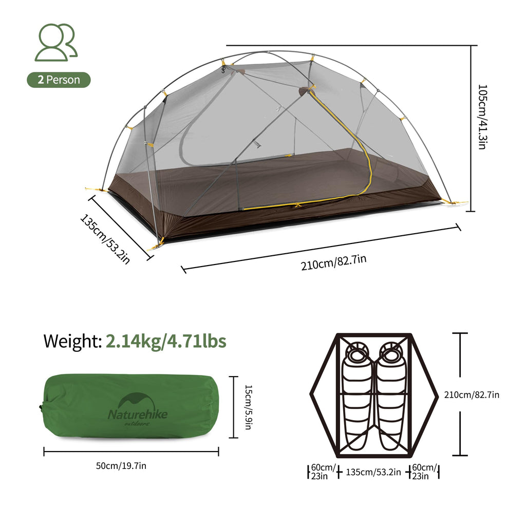 Naturehike Mongar 2 Person Backpacking Tent, 3 Season Two Person Tent, Double Layer Free Standing Tents For Backpacking, Camping