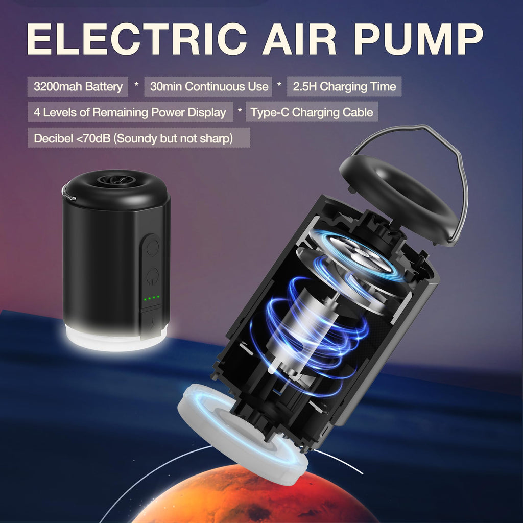 Origem Portable Air Pump, 5.2Kpa Mini Electric, Rechargeable Battery With Camping Light, Quick Inflate/Deflate For Pool Floats,