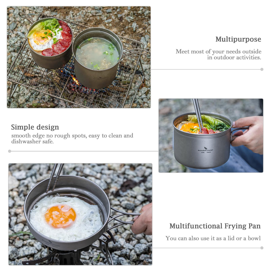 Usharedo Camping Pot Bowl Frying Pan Mess Kit Titanium Pot Pan Set With Folding Handle Outdoor Cookware Ti1585B