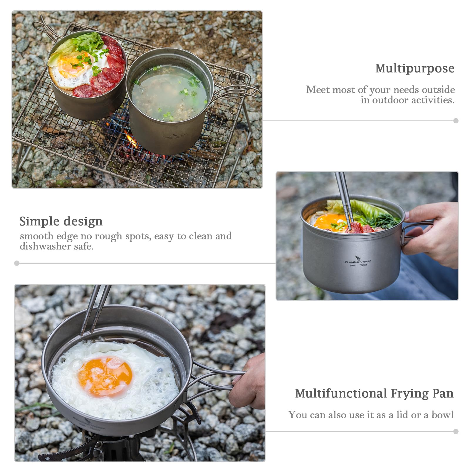 Usharedo Camping Pot Bowl Frying Pan Mess Kit Titanium Pot Pan Set With Folding Handle Outdoor Cookware Ti1585B
