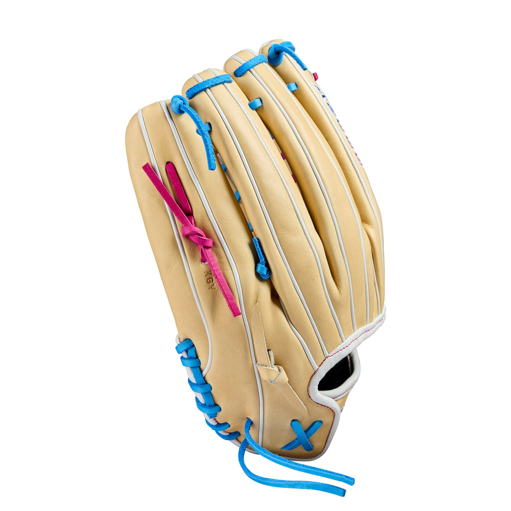 Wilson Winter 2024 A2000 T125 12.5'' Outfield Fastpitch Glove - Blonde/Blue/Flamingo, Left Hand Throw