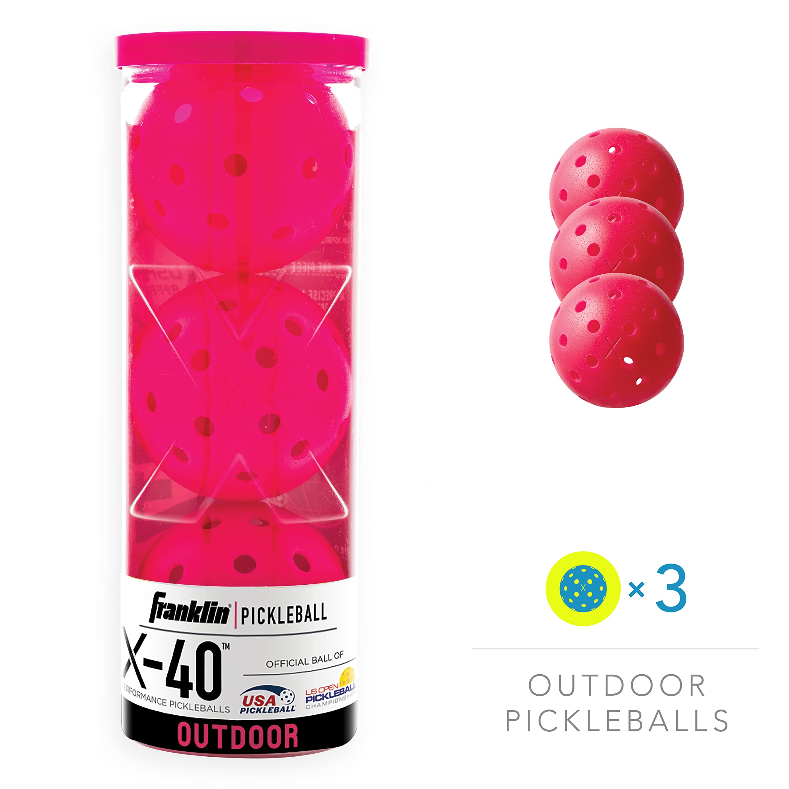 Franklin Sports X-40 Pickleballs - Outdoor Pickleballs - 3 Pack - Usa Pickleball Approved - Pink - Official Ball Of Us Open Pick