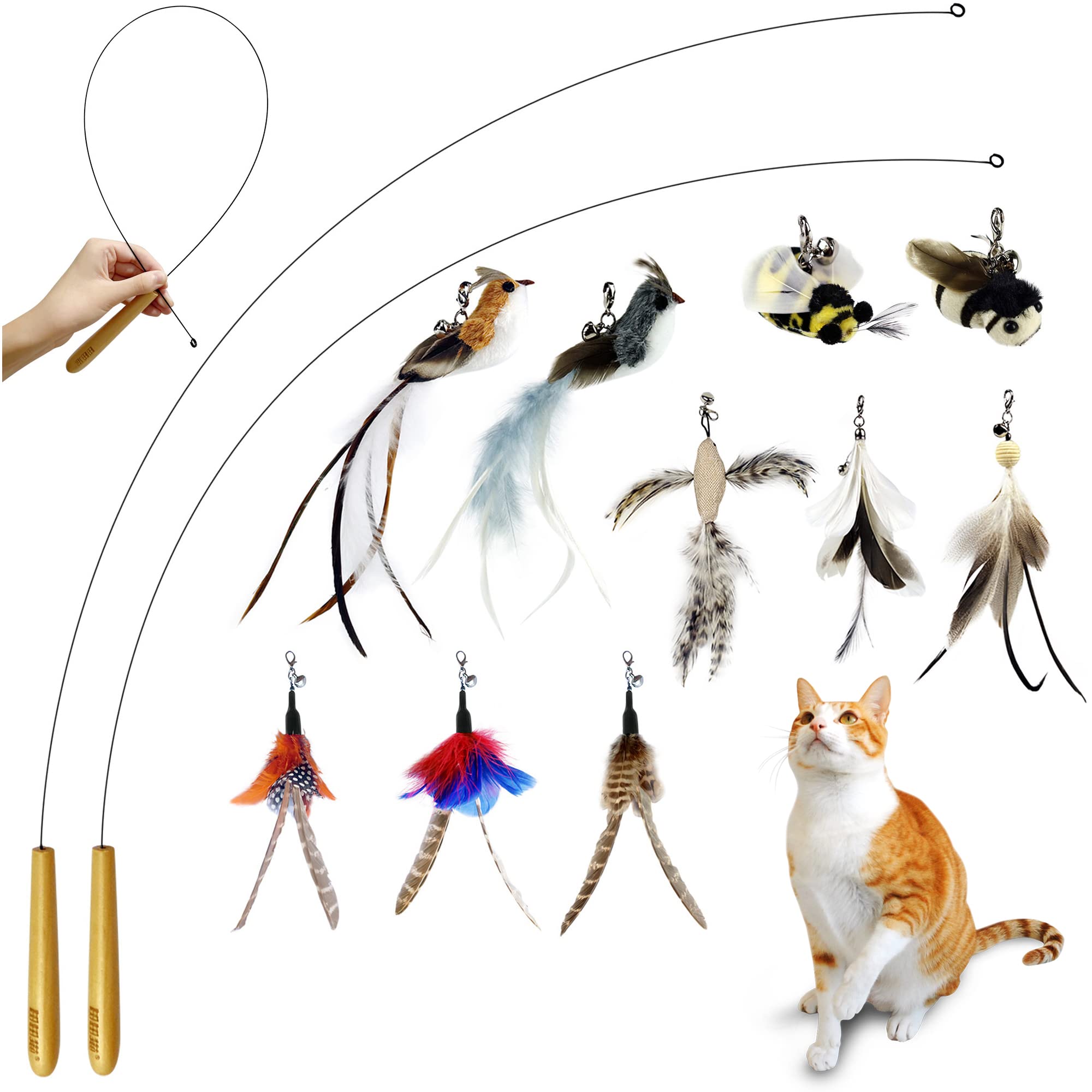 Ttcat Cat Wand Toys, 2Pcs Cat Wand Toy And 10Pcs Cat Feather Toys Cat Teaser Toy Refills,29 Flexible Steel Wire, Sturdy Wood Han