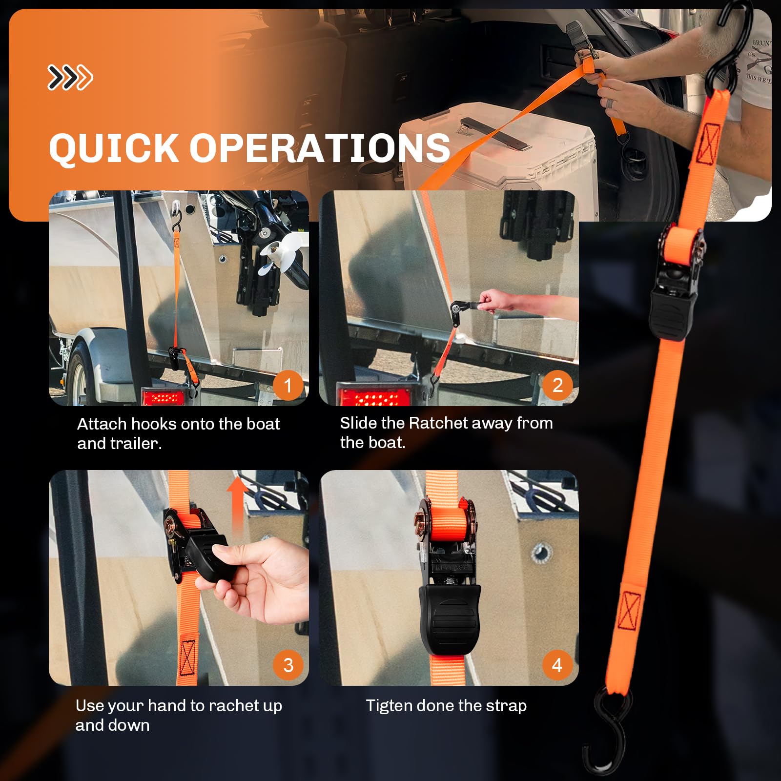 Welluck Boat Trailer Transom Tie Down Straps 2400 Lbs, 1 Inch X 4 Ft Heavy Duty Retractable Ratchet Straps Tie Downs To Trailer