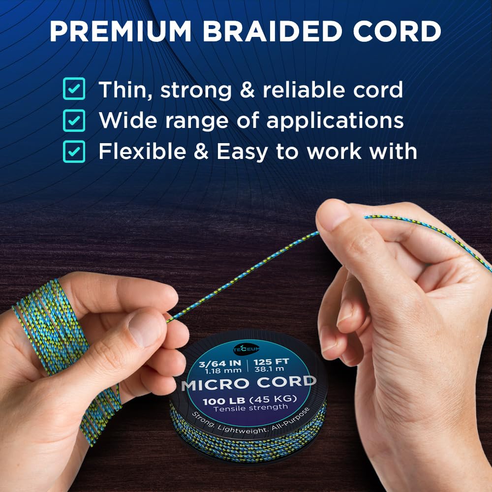 Teceum Micro Paracord - Aquatica - 1.18 Mm X 125 Ft - Micro Utility Cord - Thin Braided Paracord Rope Nylon Polyester - Wind Chi