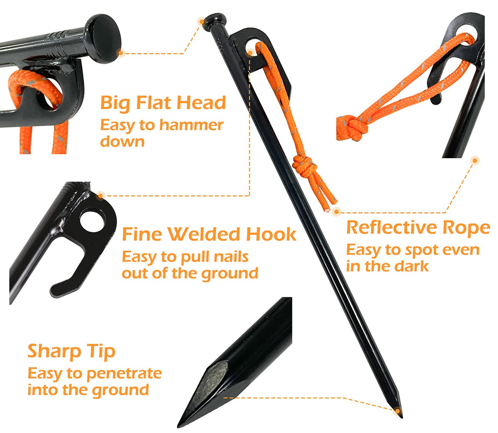 Sutekus Metal Tent Stakes With Reflective Pull Cord Heavy-Duty Forged Steel Tent Pegs Solid Tent Anchors And Camping Spikes For