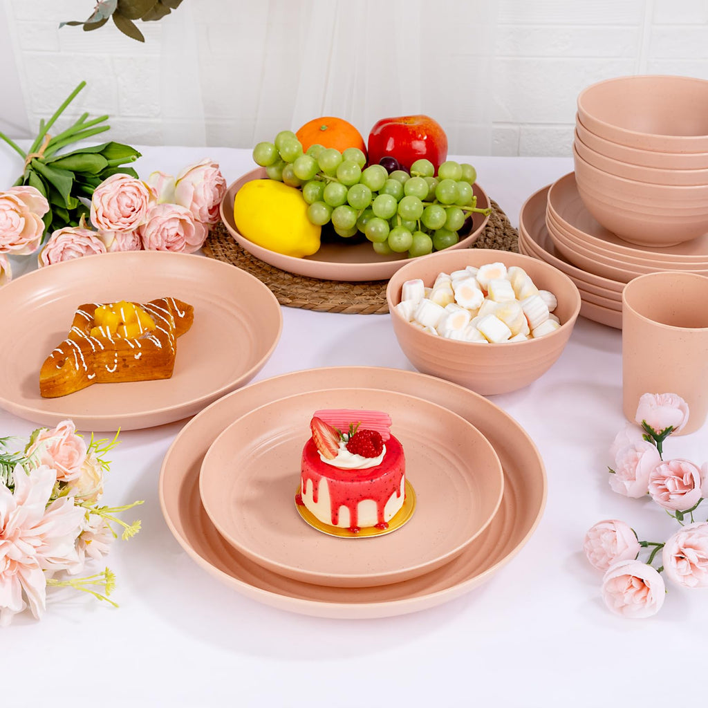 Rubtlamp 16Pcs Plastic Wheat Straw Dinnerware Set, Reusable Plastic Plate Set For 4, Kitchen Plates And Bowls Set (Orange Pink)