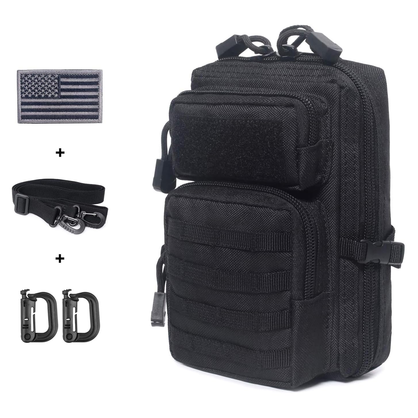 Tactical Molle Pouch Compact EDC Tool Pouch Bag Mini Utility Pouch with US Flag Patch, Shoulder Strap & Two D-Rings (Black)