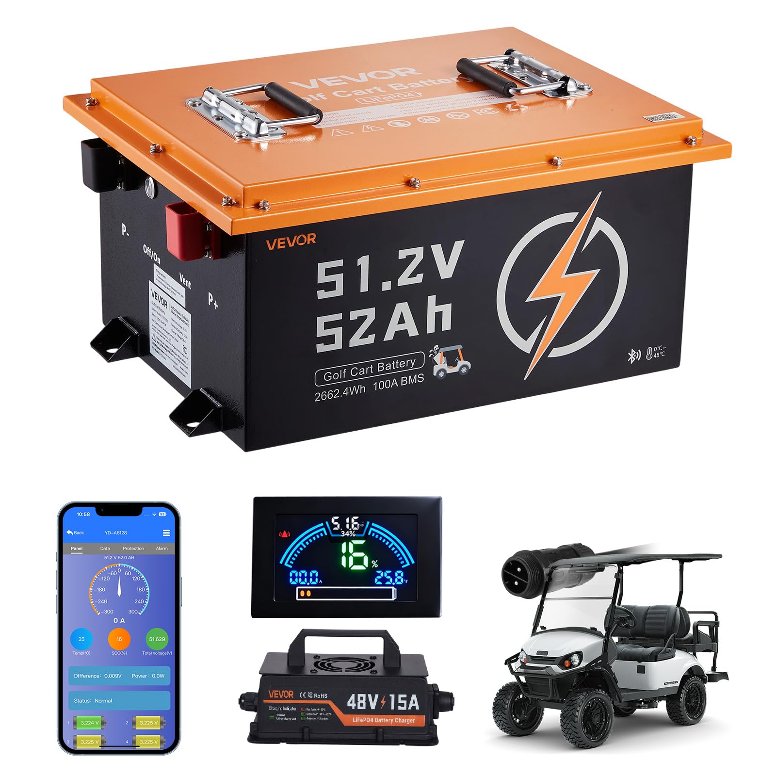 VEVOR 48V (51.2V) 52AH Lithium Golf Cart Battery, with 15A Charger, Lifepo4 Battery Kit, Built-in 100A BMS, with Bluetooth Mobil