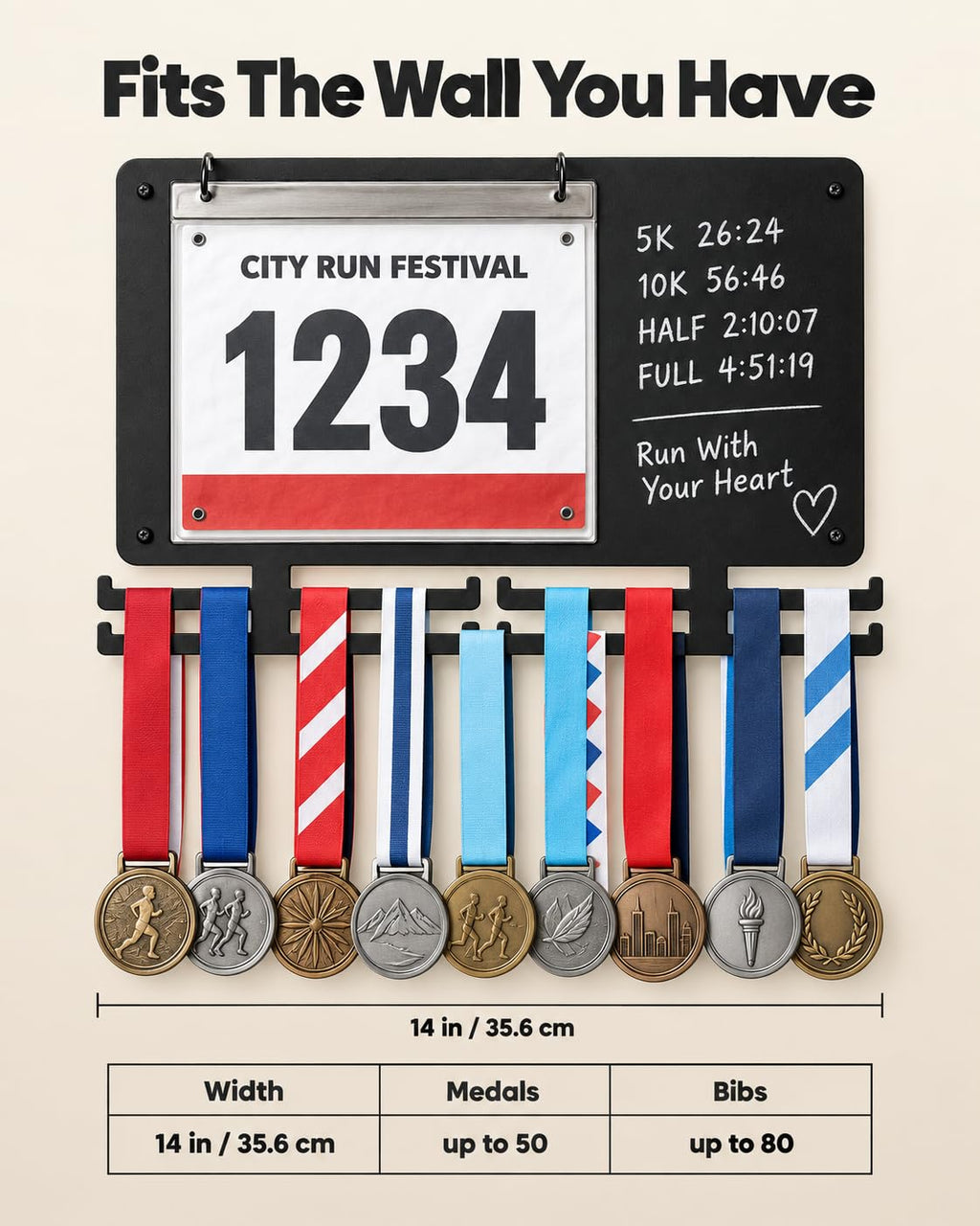 Running Medal Hanger & Bib Display Board with Chalkboard | BLAUBECK Wall Holder