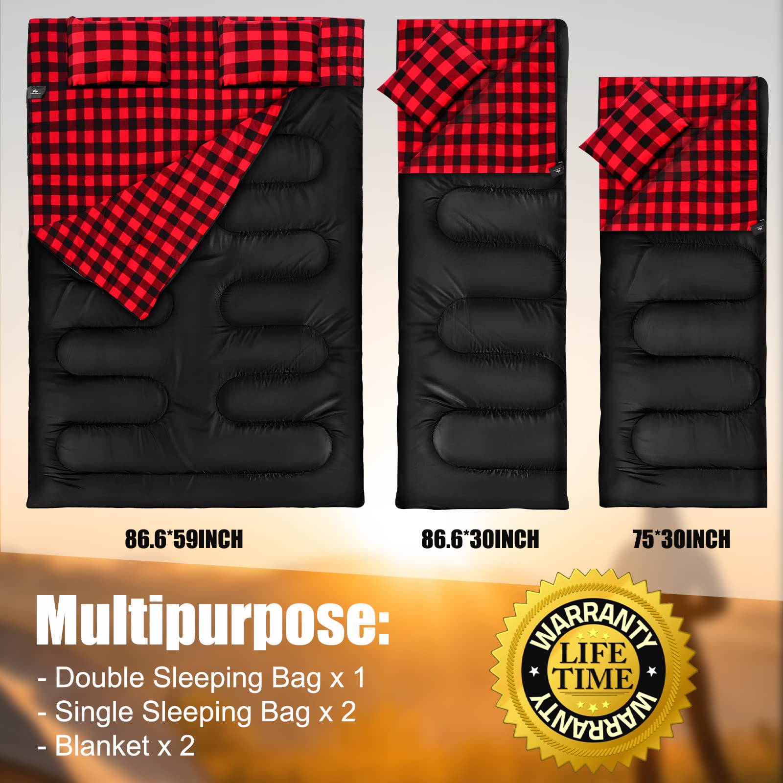 Besteam Double Sleeping Bag Backpacking, Hiking, Family Camping, Traveling. Queen Size Xl Truck, Tent, Sleeping Pad. 2 Person Wa
