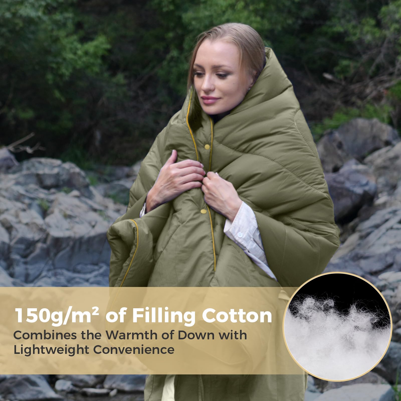 Kingcamp Ultralight Camping Blanket, Packable Down Alternative Puffy Wearable Blankets Weatherproof Warm Package Quilt With Snap