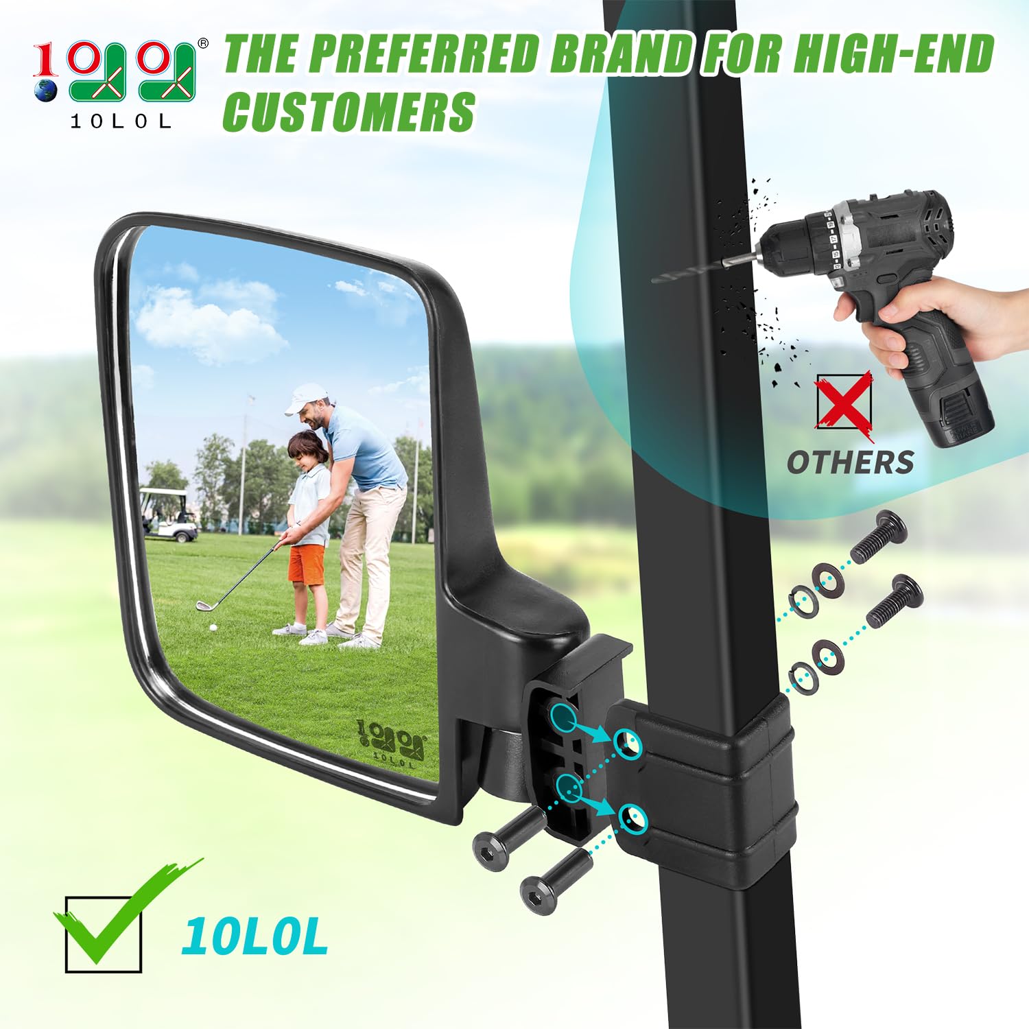 10L0L Golf Cart Mirror No Drilling Side Mirrors Universal For Club Car, Ezgo,Yamaha, Folding Side Rear View Mirrors Adjustable 1
