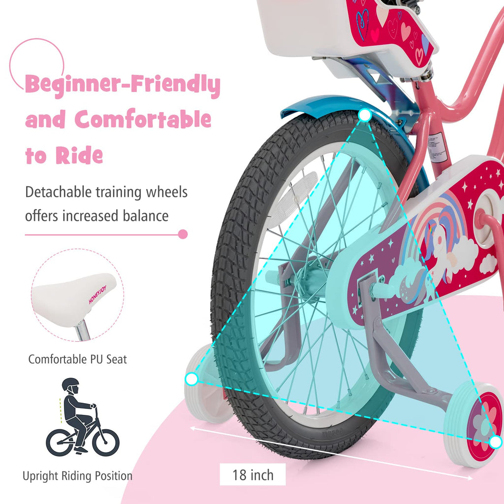 Baby Joy Kids Bike, 18 Inch Kids Bicycle W/Training Wheels, Adjustable Seat Handlebar Height, Storage Basket, Doll Seat, Handbra