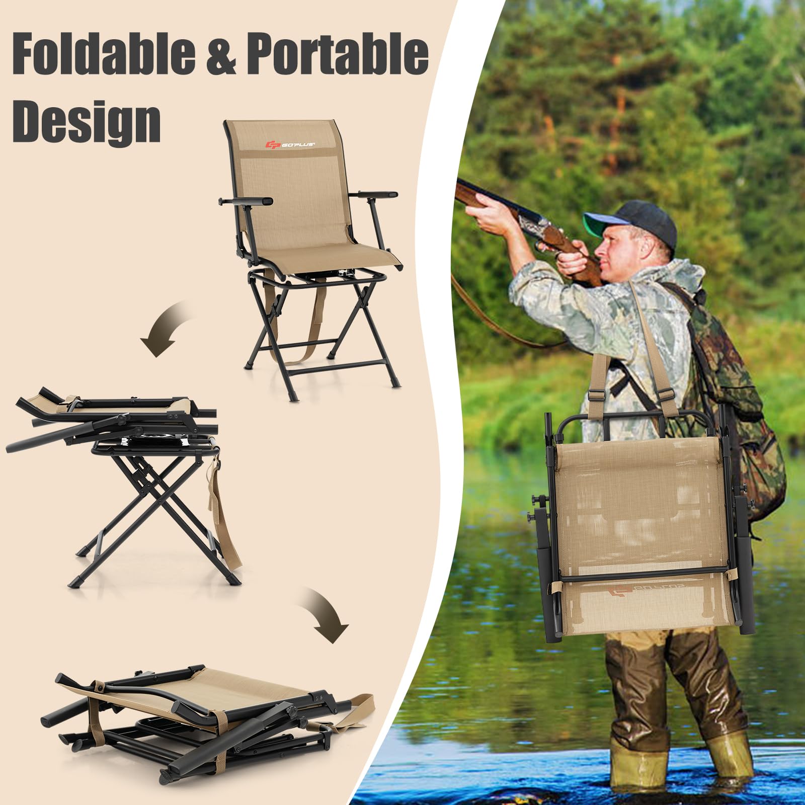 Goplus Hunting Chair, 360 Swivel Folding Hunting Blind Chair With Carrying Strap, 330Lbs Capacity, Portable Deer Hunting Stool,