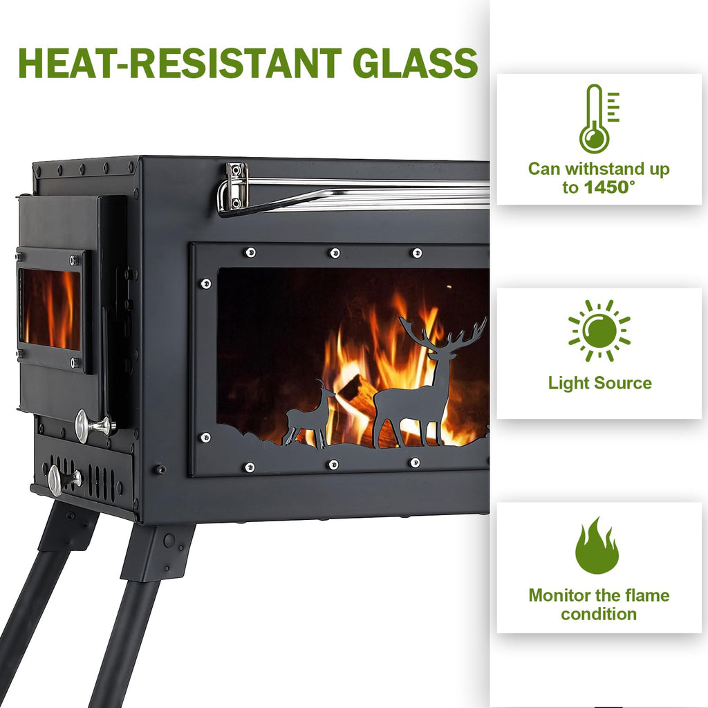 Womeyork Outdoor Camping Stove, Portable Wood Burning Stove With Chimney Pipe For Tent, Shelter, Heating And Cooking (Black-Larg