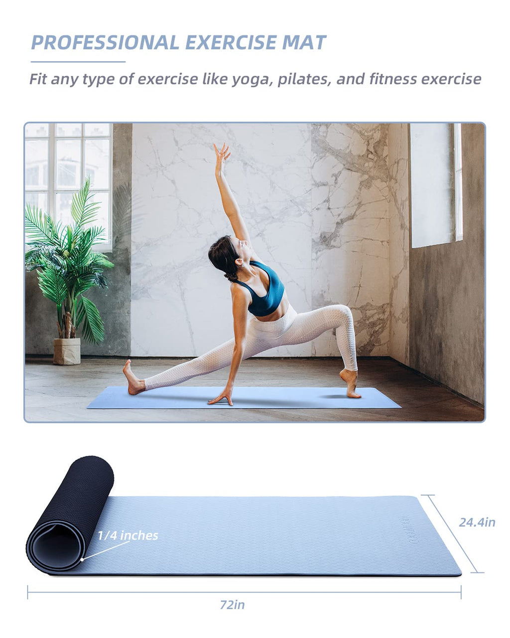 Coolmoon 1/4 Inch Thick Yoga Mat Double-Sided Non Slip,Yoga Mat For Women And Men,Fitness Mats With Carrying Strap,Eco Friendly