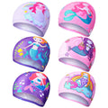Fourluoo 6 Pcs Kids Swim Caps Rainbow Horse Unicorn & Mermaid Design Ear Cover for Toddler Girls Boys Age 2-12 Bathing Hats (Mer